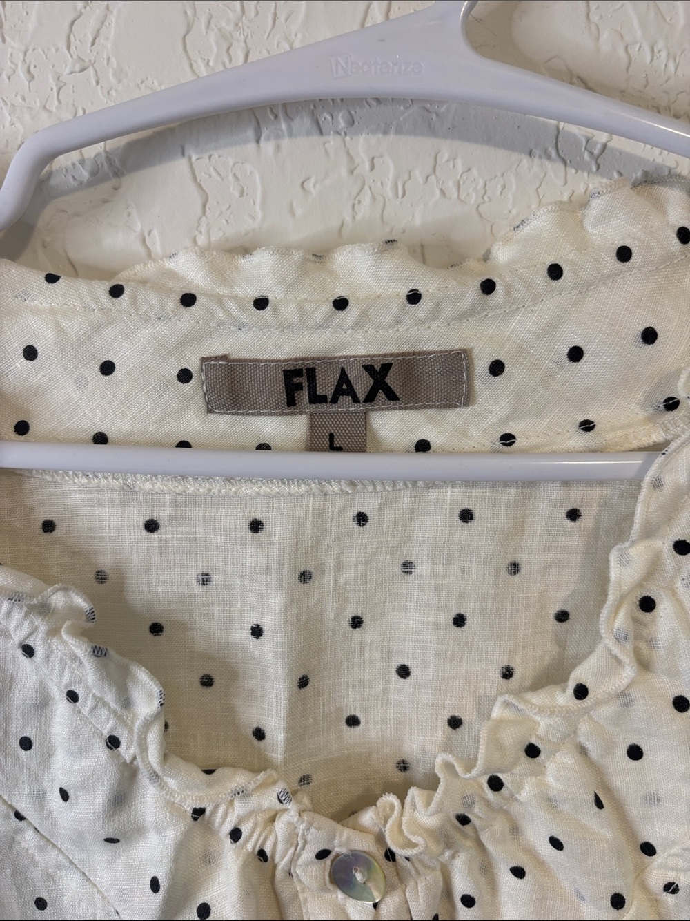 Flax Linen Cream Button-Front Polka Dot Ruffle Neck Blouse - Picture 2 of 8